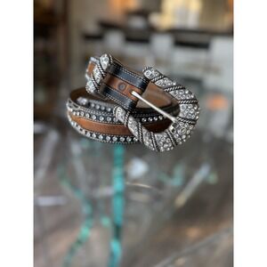 JUSTIN Leather Belt Women 34 Brown Black Silver Western Rhinestone Buckle 020473